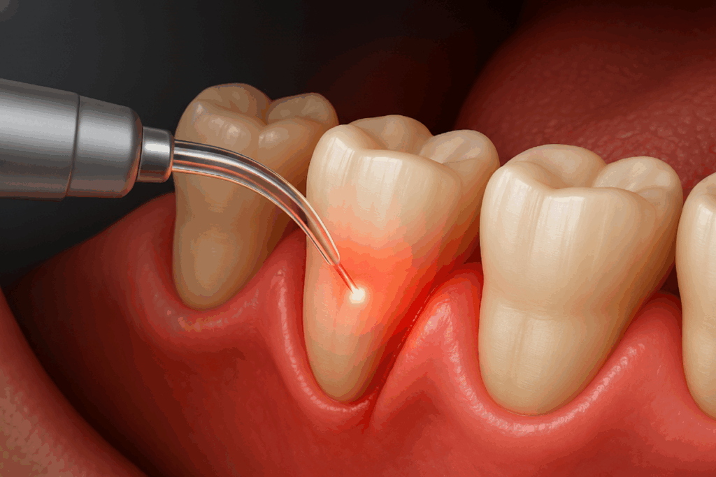 3D dental illustration showing LANAP laser treatment targeting the gums between two molars, highlighting the red laser beam used to remove diseased tissue and promote healing.